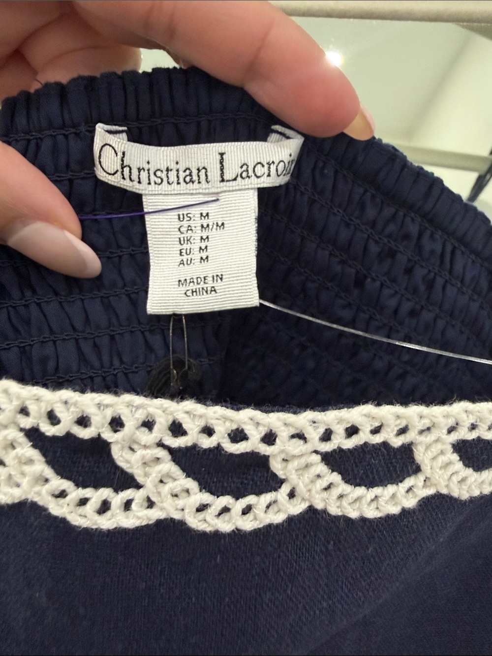 Christian Lacroix Navy Linen Blend Cropped Top with White Crochet Trim - Picture 2 of 6